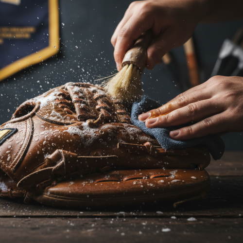 A close-up of a person's hands cleaning a brown leather baseball glove with a brush and blue cloth on a wooden table, with a blurred navy and gold sports banner in the background.